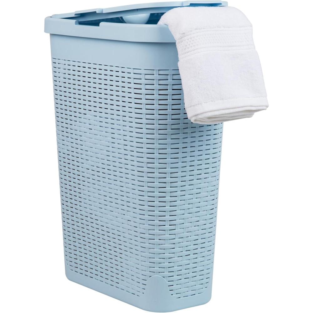 imageMind Reader Slim Laundry Hamper with Lid 40L Clothes Basket Premium Wicker Design Plastic TanBaby Blue