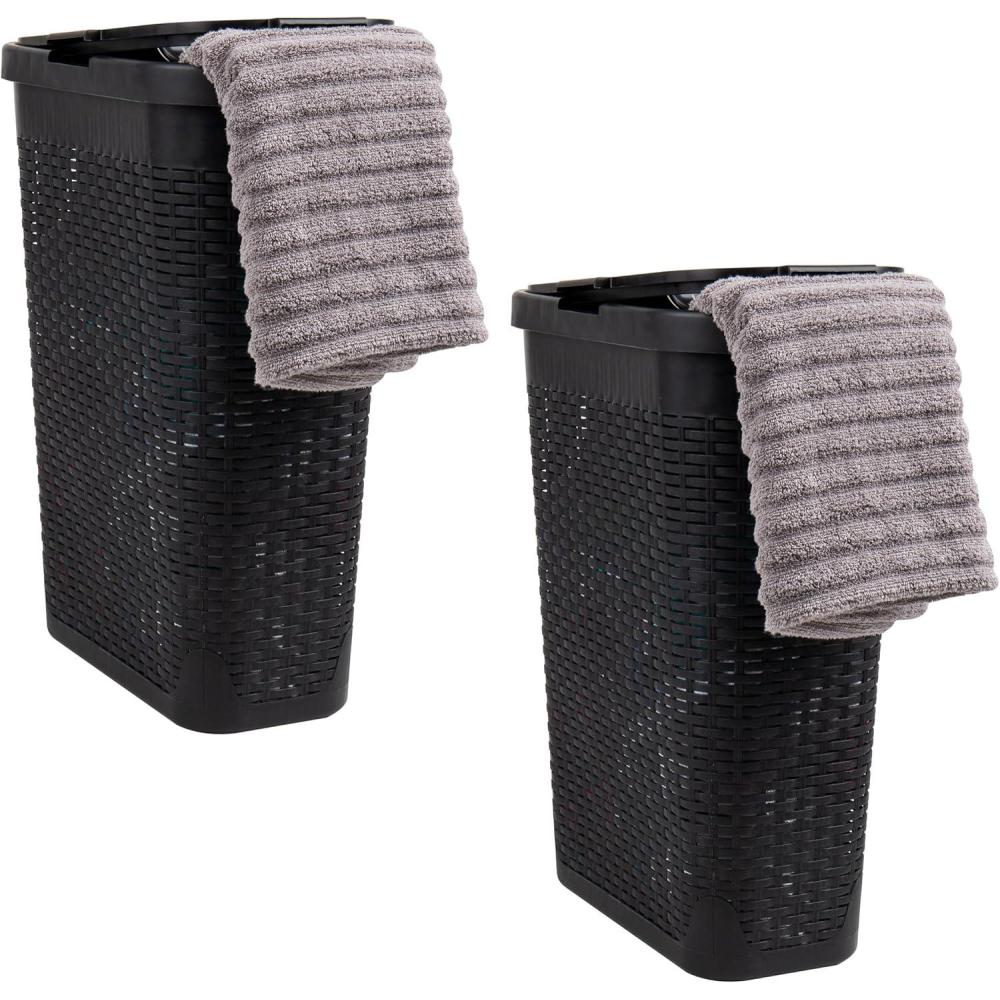 imageMind Reader Slim Laundry Hamper with Lid 40L Clothes Basket Premium Wicker Design Plastic TanBlack