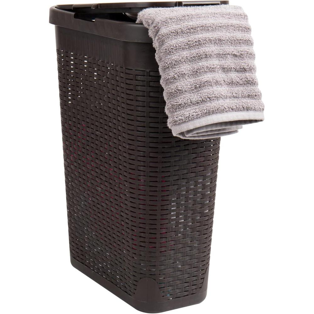 imageMind Reader Slim Laundry Hamper with Lid 40L Clothes Basket Premium Wicker Design Plastic TanBrown