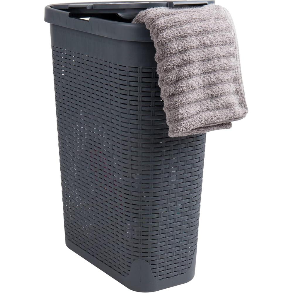 imageMind Reader Slim Laundry Hamper with Lid 40L Clothes Basket Premium Wicker Design Plastic TanGray