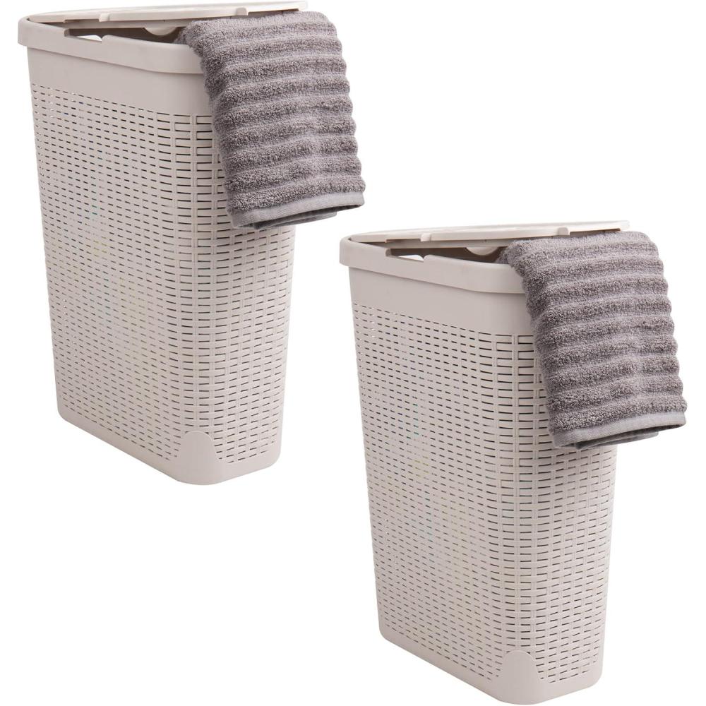 imageMind Reader Slim Laundry Hamper with Lid 40L Clothes Basket Premium Wicker Design Plastic TanIvory
