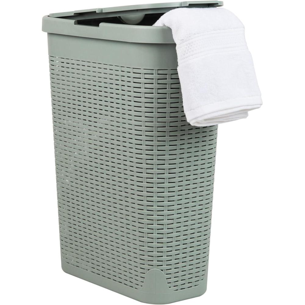 imageMind Reader Slim Laundry Hamper with Lid 40L Clothes Basket Premium Wicker Design Plastic TanMint