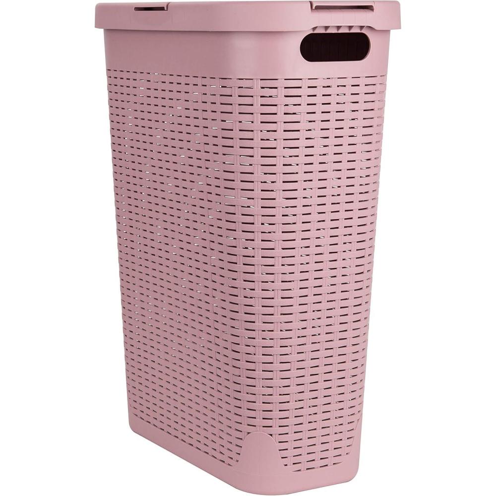 imageMind Reader Slim Laundry Hamper with Lid 40L Clothes Basket Premium Wicker Design Plastic TanPink