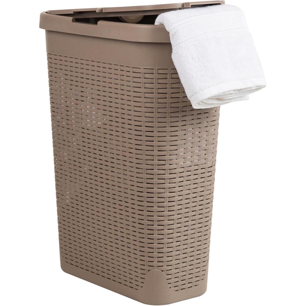 imageMind Reader Slim Laundry Hamper with Lid 40L Clothes Basket Premium Wicker Design Plastic TanTan