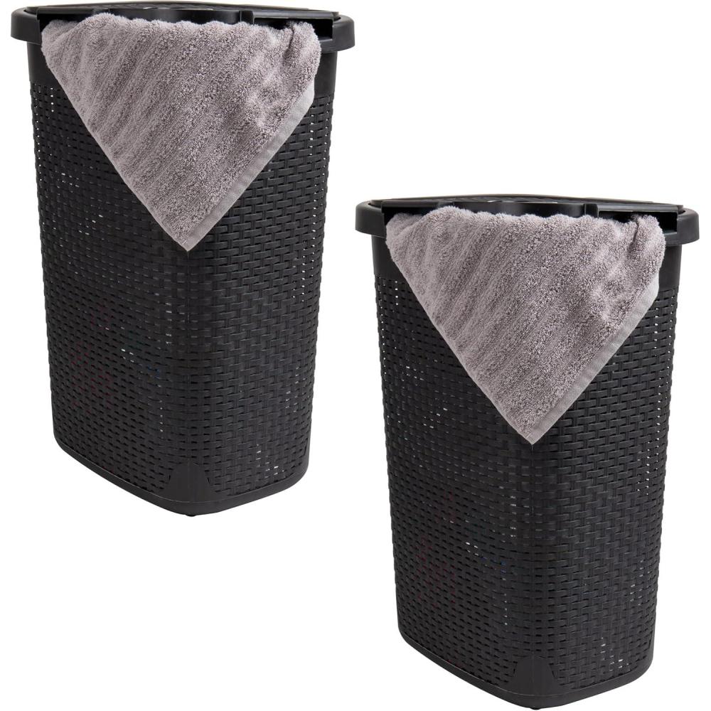 imageMind Reader Slim Laundry Hamper with Lid 60L Clothes Basket Premium Wicker Design Plastic TanBlack