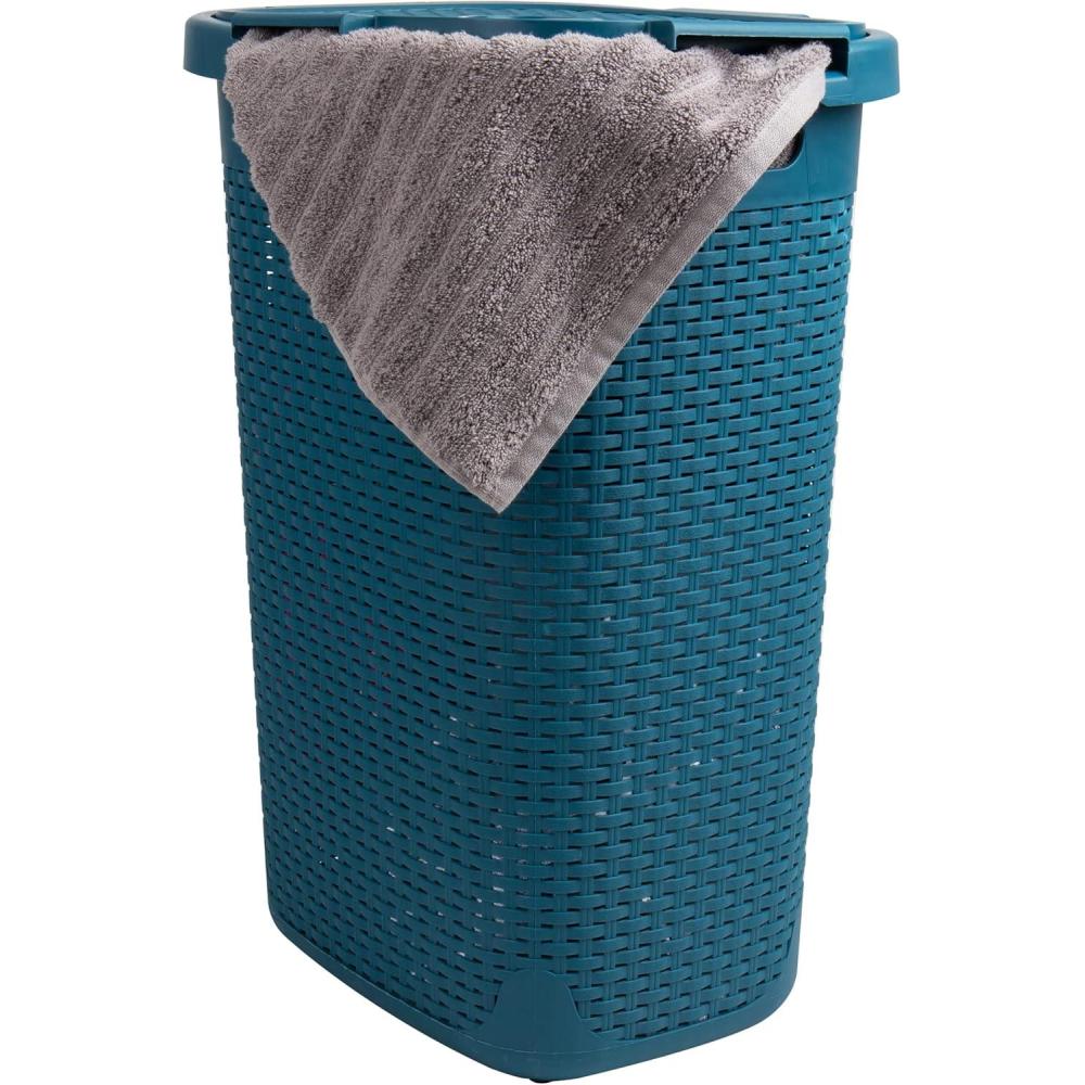 imageMind Reader Slim Laundry Hamper with Lid 60L Clothes Basket Premium Wicker Design Plastic TanBlue