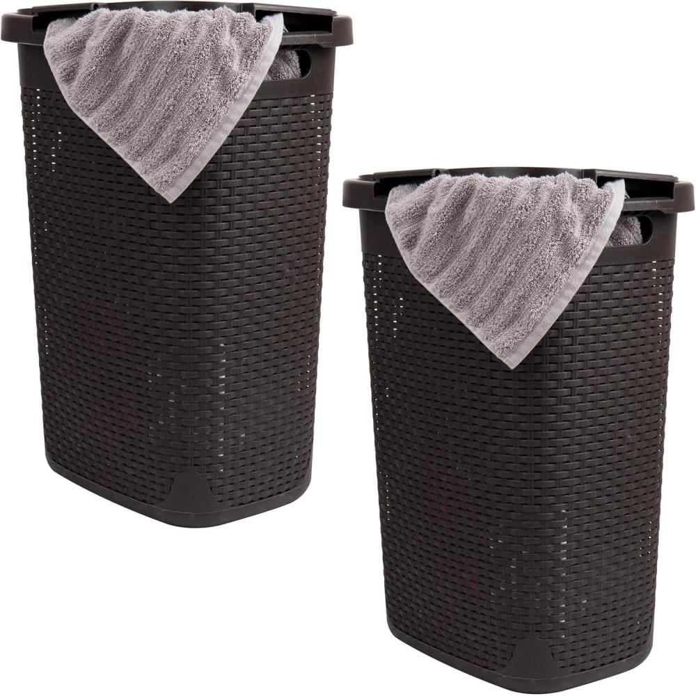 imageMind Reader Slim Laundry Hamper with Lid 60L Clothes Basket Premium Wicker Design Plastic TanBrown