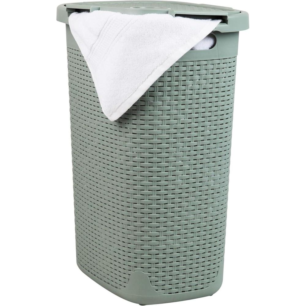 imageMind Reader Slim Laundry Hamper with Lid 60L Clothes Basket Premium Wicker Design Plastic TanMint