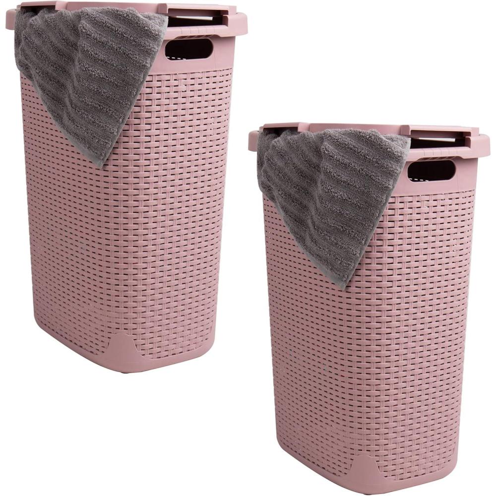 imageMind Reader Slim Laundry Hamper with Lid 60L Clothes Basket Premium Wicker Design Plastic TanPink