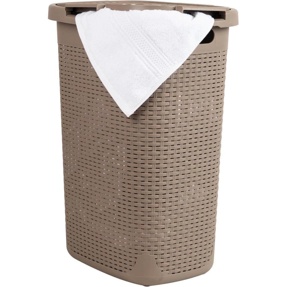 imageMind Reader Slim Laundry Hamper with Lid 60L Clothes Basket Premium Wicker Design Plastic TanTan