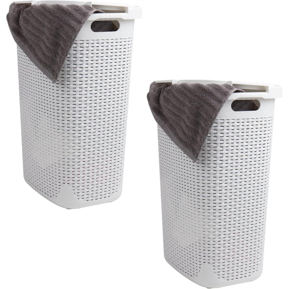 imageMind Reader Slim Laundry Hamper with Lid 60L Clothes Basket Premium Wicker Design Plastic TanWhite
