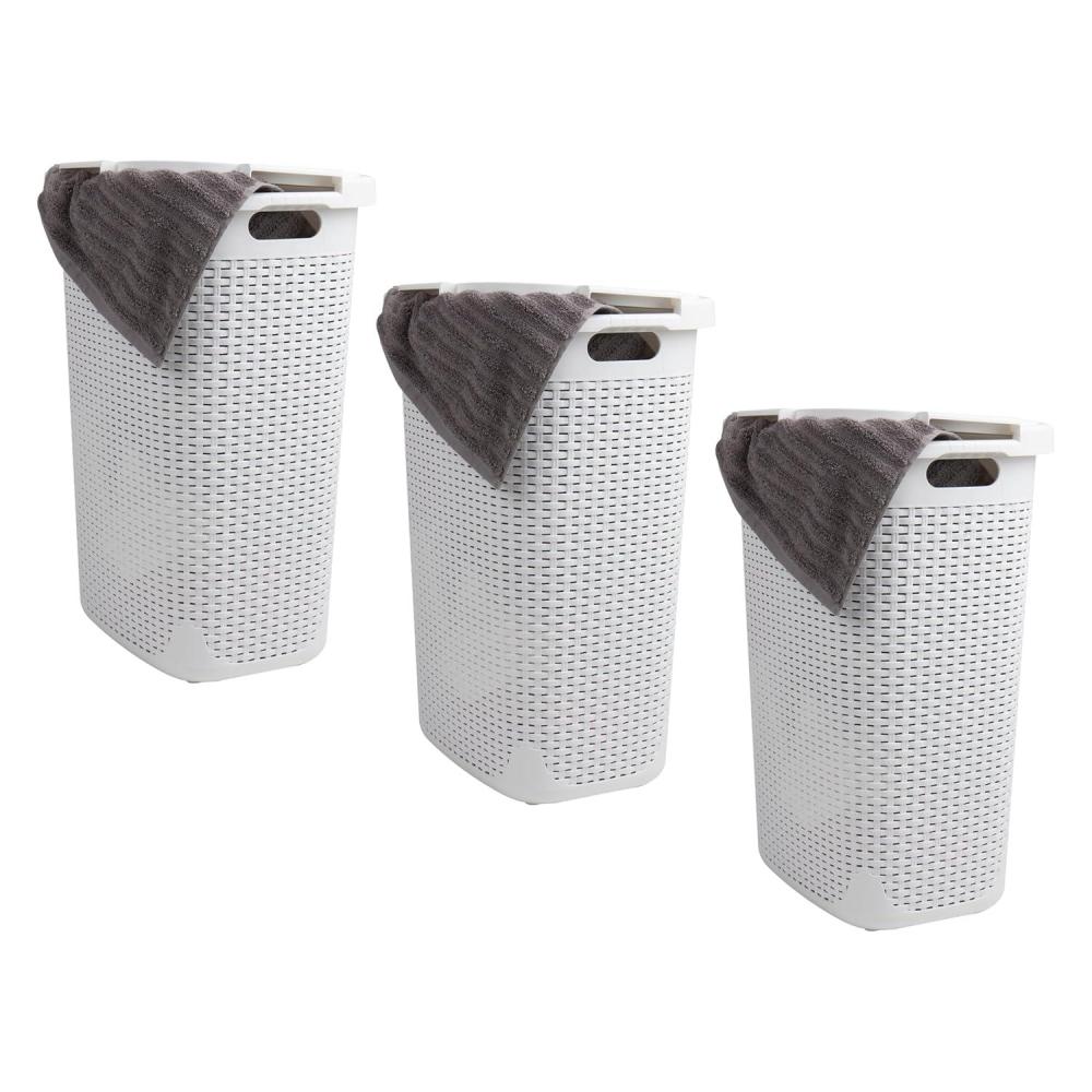 imageMind Reader Slim Laundry Hamper with Lid 60L Clothes Baskets Premium Wicker Design Plastic 3Pack WhiteWhite