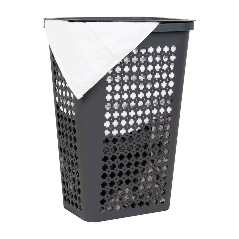 imageMind Reader Slim Tapered Laundry Hamper with Lid Clothes Basket with Swiss Cross CutOuts Lightweight amp Ventilated Plastic 1675L x 1275W x 23H GrayGray