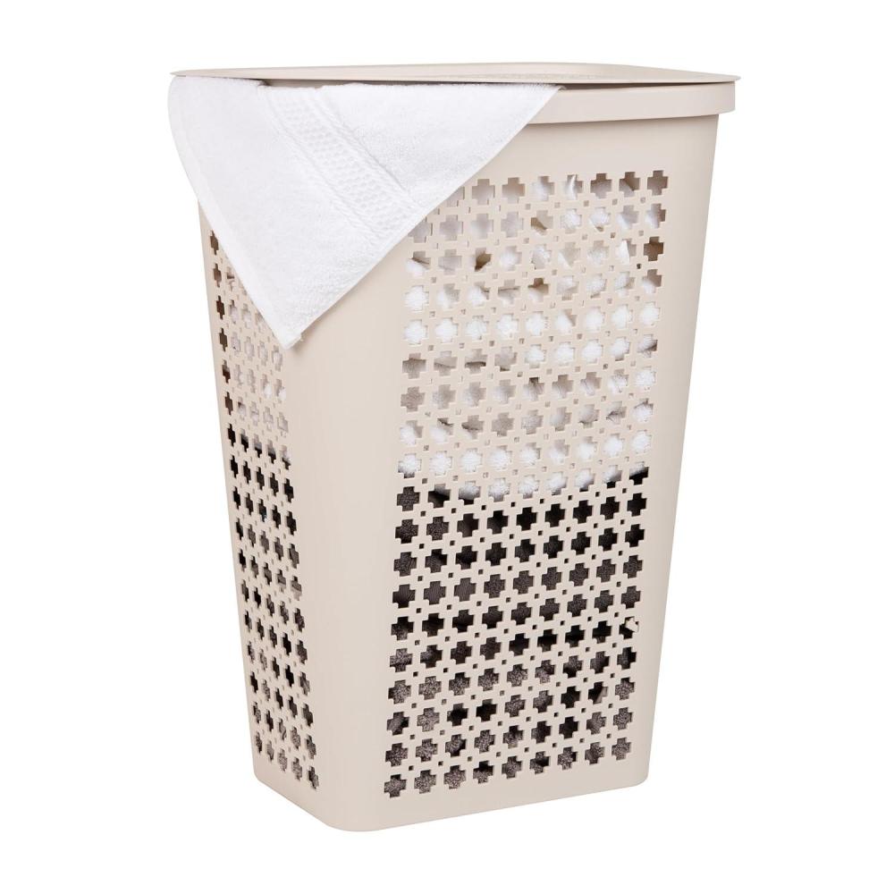 imageMind Reader Slim Tapered Laundry Hamper with Lid Clothes Basket with Swiss Cross CutOuts Lightweight amp Ventilated Plastic 1675L x 1275W x 23H GrayIvory
