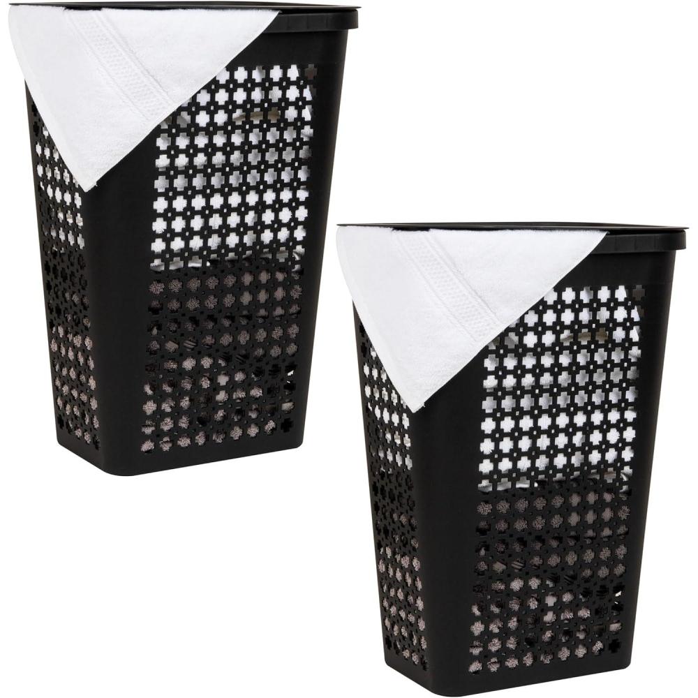 imageMind Reader Slim Tapered Laundry Hampers with Lid Clothes Basket with Swiss Cross CutOuts Lightweight amp Ventilated Plastic Set of 2 Black