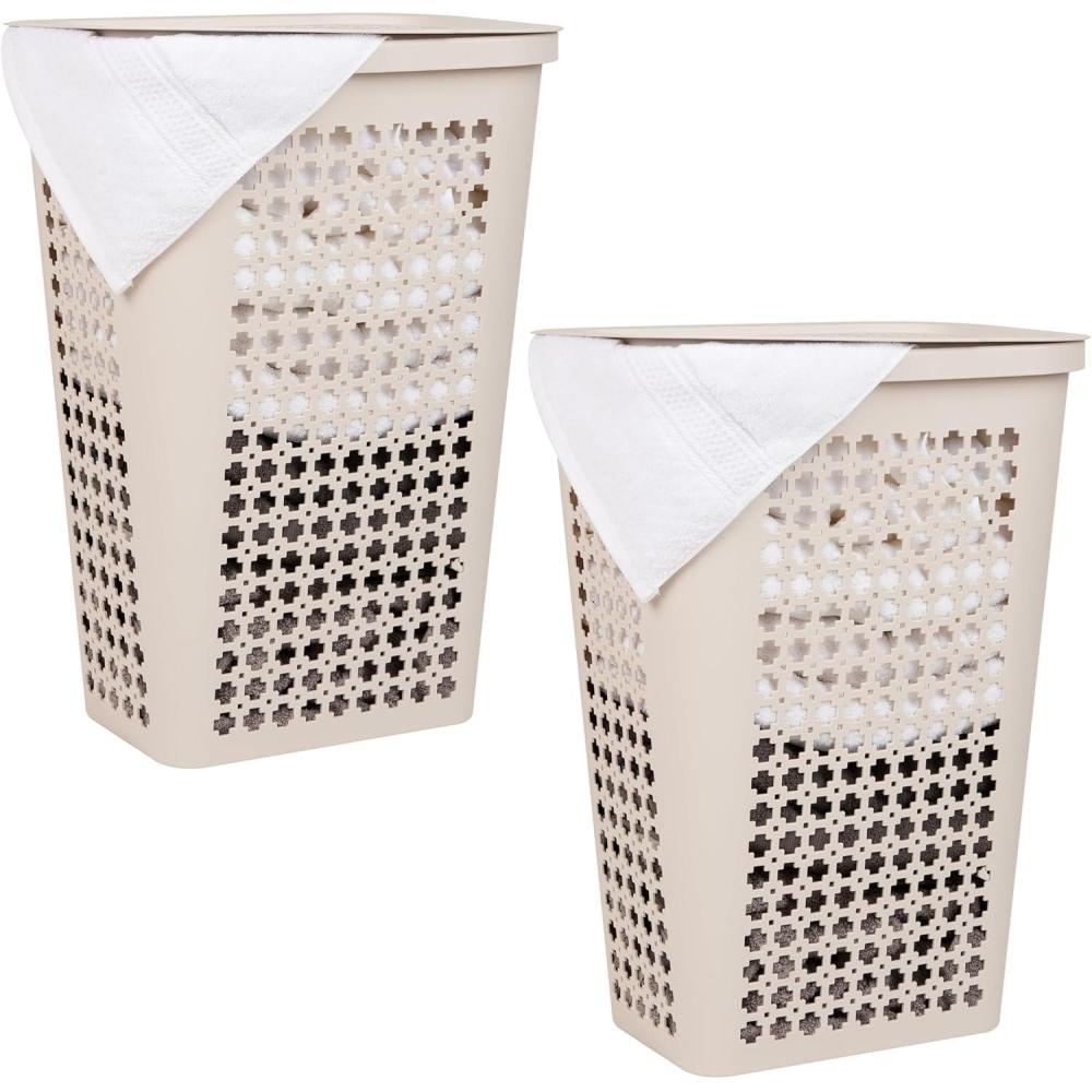 imageMind Reader Slim Tapered Laundry Hampers with Lid Clothes Basket with Swiss Cross CutOuts Lightweight amp Ventilated Plastic Set of 2 Ivory