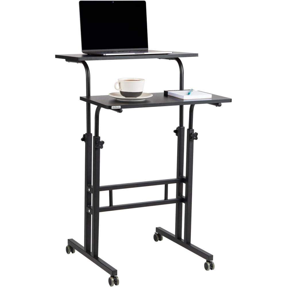 imageMind Reader Standing Desk Adjustable Height Laptop Workstation Portable Rolling Desk on Wheels TwoTier Metal Frame BlackBlack