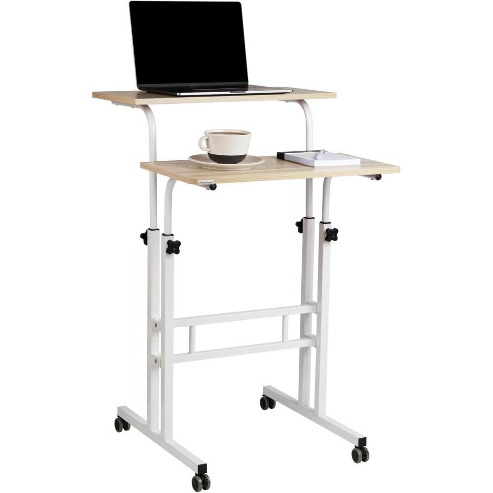imageMind Reader Standing Desk Adjustable Height Laptop Workstation Portable Rolling Desk on Wheels TwoTier Metal Frame BlackWhite