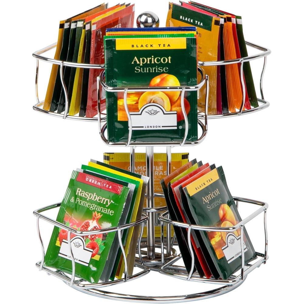 imageMind Reader Tea Bag Carousel Tea Station Organizer Countertop Storage Kitchen Metal 7L x 7W x 825H Silver