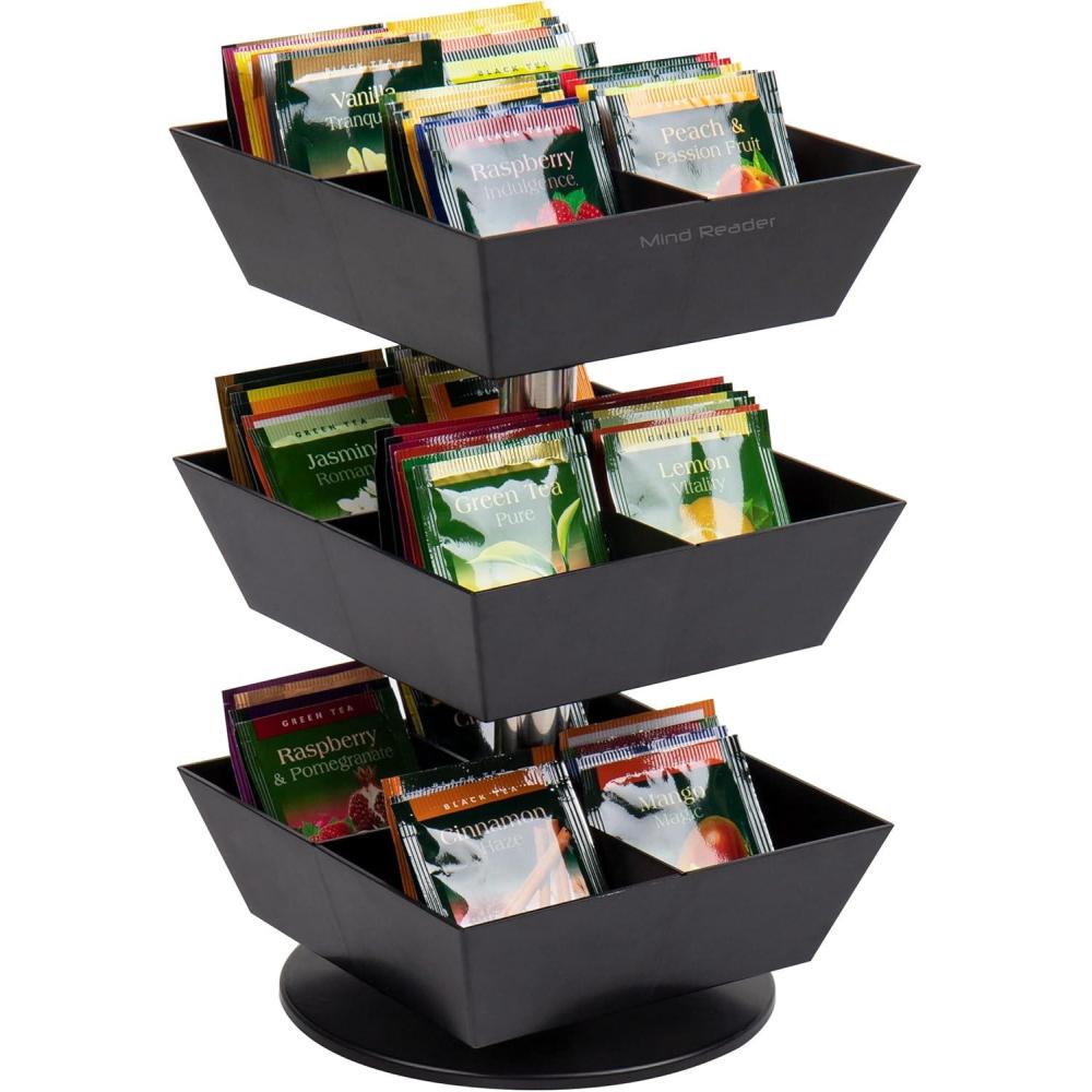 imageMind Reader Tea Bag Carousel Tea Station Organizer Countertop Storage Tea Stand Kitchen 675L x 675W x 115H BlackBlack
