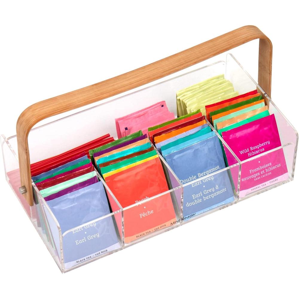 imageMind Reader Tea Bag Organizer Tea Station Countertop Caddy Rayon from Bamboo and Acrylic 1175L x 6W x 6H BrownTea Bag Basket