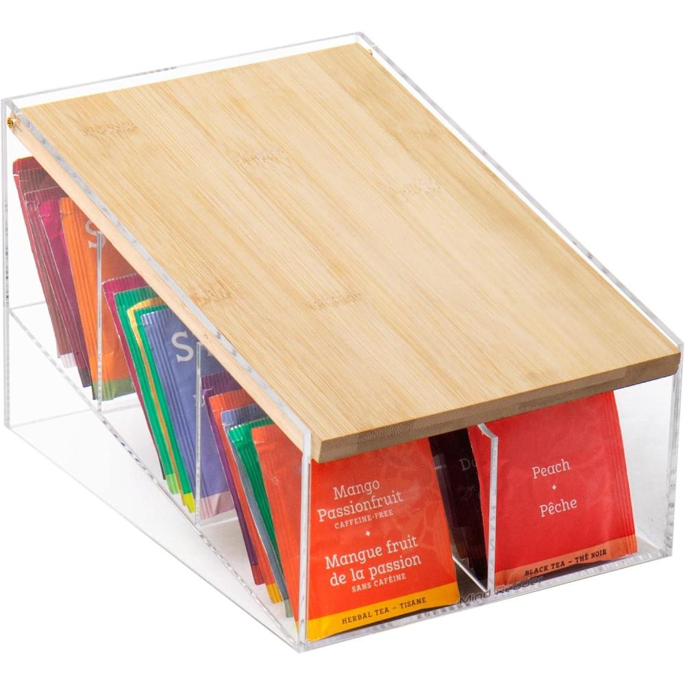 imageMind Reader Tea Bag Organizer Tea Station Countertop Caddy Rayon from Bamboo and Acrylic 1175L x 6W x 6H BrownTea Bag Caddy