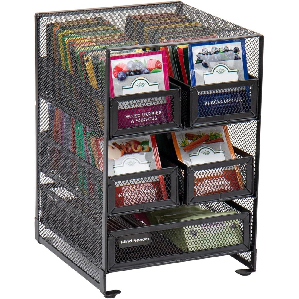 imageMind Reader Tea Bag Organizer Tea Station Organizer Countertop Storage Kitchen Metal Mesh 7L x 675W x 10H Black5 Compartment
