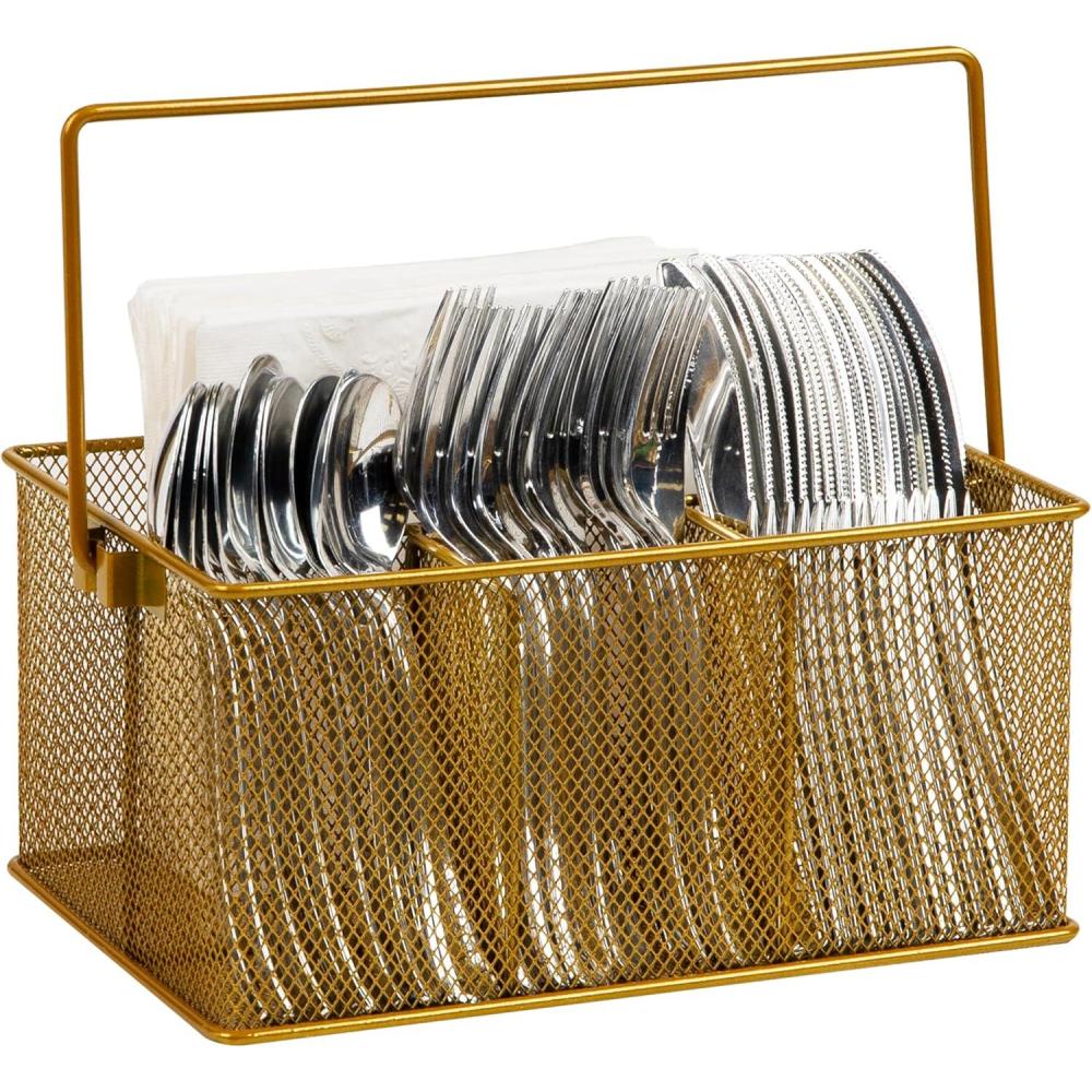 imageMind Reader Utensil Holder Silverware Organizer Caddy Cutlery Holder Kitchen Metal Mesh 10L x 7W x 475H Gold