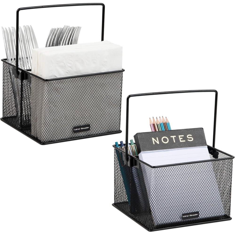 imageMind Reader Utensil Holder Silverware and Napkin Caddy Outdoor Utensil Organizer Metal Mesh 7L x 7W x 5H Set of 2 Black