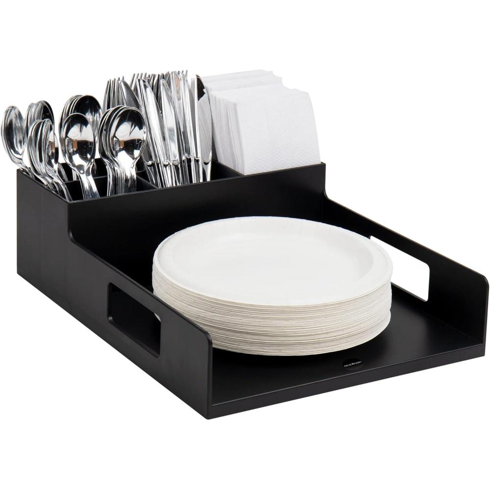 imageMind Reader Utensil Napkin and Plate Organizer Tray Countertop Caddy with 7 Compartments Holds Plates up to 105 Inches Breakroom and Buffet Organizer Plastic BlackNapkin Plate Holder