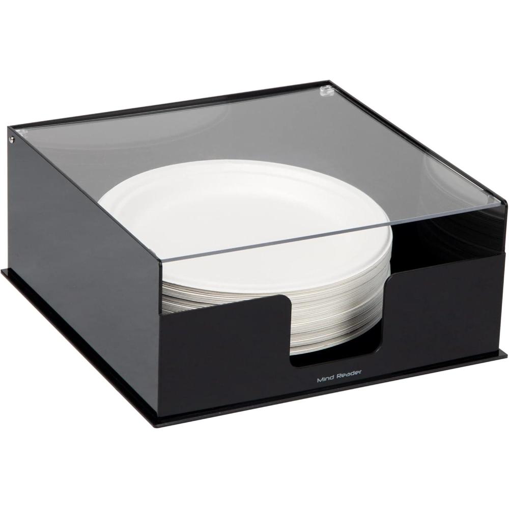 imageMind Reader Utensil Napkin and Plate Organizer Tray Countertop Caddy with 7 Compartments Holds Plates up to 105 Inches Breakroom and Buffet Organizer Plastic BlackPlate Holder