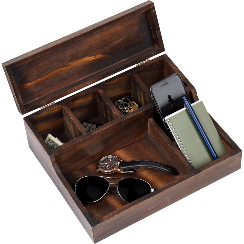 imageMind Reader Valet Dresser Organizer Jewelry Tray Mens Accessory Bedside Caddy Bedroom Org Wood 12L x 10W x 4H Brown