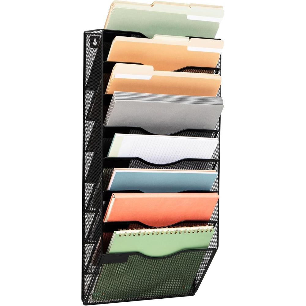imageMind Reader Wall File Organizer 8 Pocket Hanging Document Rack Office Wall Mount Metal Mesh BlackBlack