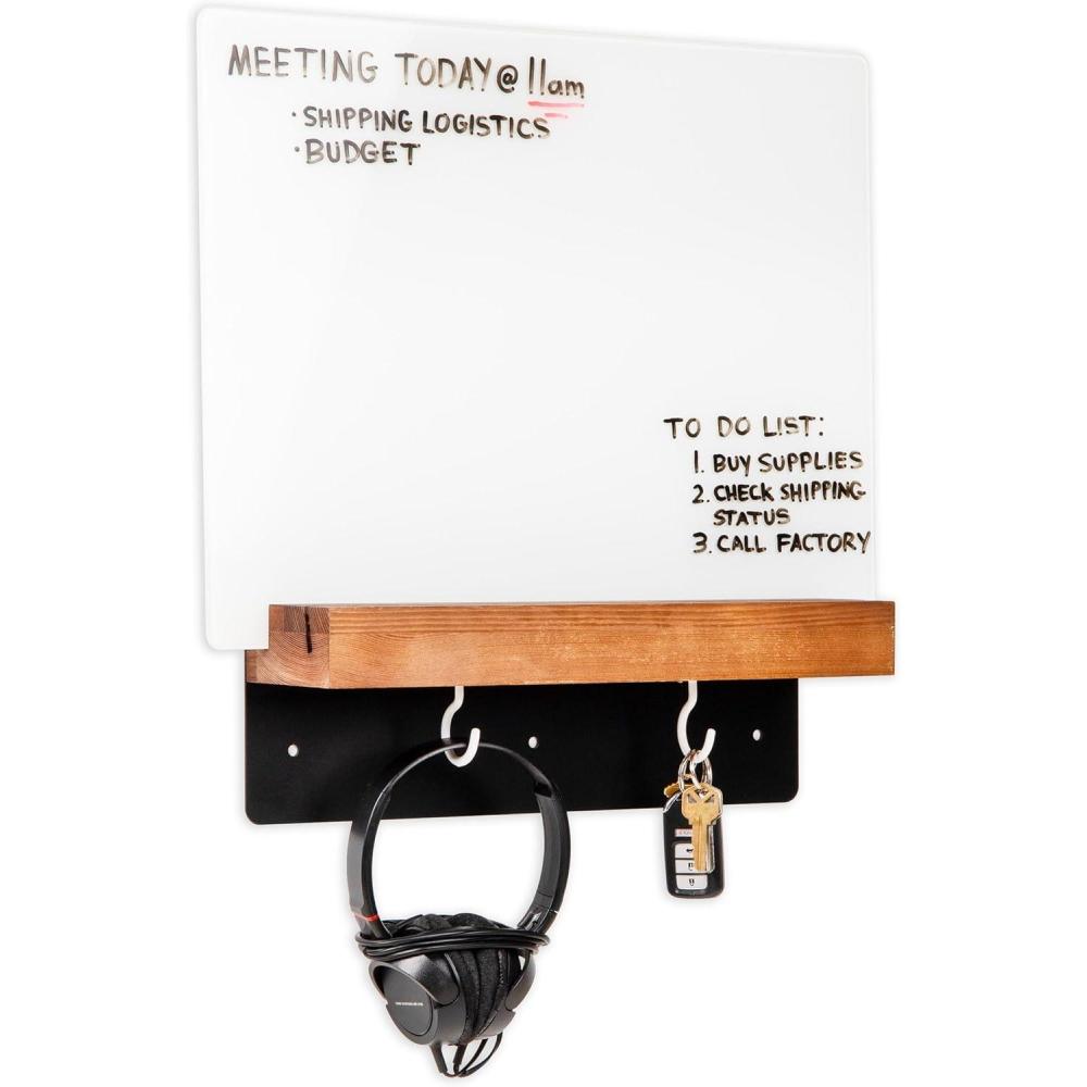 imageMind Reader Whiteboard Message Center Glass Dry Erase Board with Wood Holder and Hooks Removable Whiteboard for Office or Home Wall Mounted 18 x 14