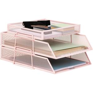 Mind Reader 2 Tier Paper Tray with Top Supply Compartment, Desktop File Organizer, Metal Mesh, Pink(Pink)