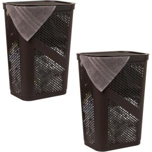 Mind Reader 60L Slim Laundry Hamper, Clothes Basket, Lid, Ventilated, Plastic, 17.25″L x 13.75″W x 23.5″H, Set of 2, Brown