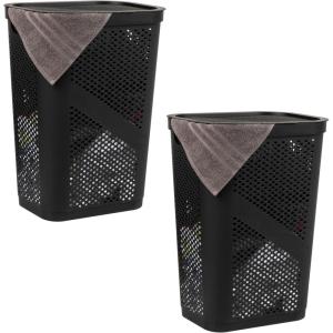 Mind Reader 60L Slim Laundry Hamper, Clothes Basket, Lid, Ventilated, Plastic, Set of 2, Black(Black)