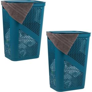 Mind Reader 60L Slim Laundry Hamper, Clothes Basket, Lid, Ventilated, Plastic, Set of 2, Black(Blue)