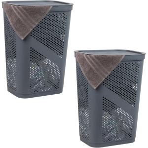 Mind Reader 60L Slim Laundry Hamper, Clothes Basket, Lid, Ventilated, Plastic, Set of 2, Black(Gray)