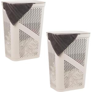 Mind Reader 60L Slim Laundry Hamper, Clothes Basket, Lid, Ventilated, Plastic, Set of 2, Black(Ivory)