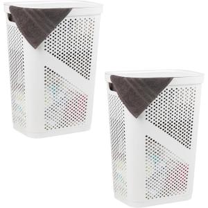 Mind Reader 60L Slim Laundry Hamper, Clothes Basket, Lid, Ventilated, Plastic, Set of 2, Black(White)