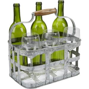 Mind Reader 6-Bottle Wine Bottle and Glass Caddy, Stemware Holder, Outdoor, Galvanized Metal, 12″ L x 7.75″ W x 6.25″ H, Silver(6 Compartment)