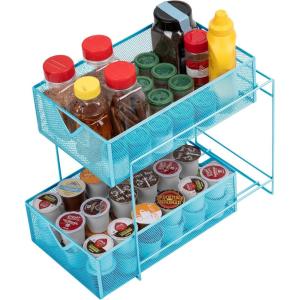 Mind Reader Accessory Organizer, Supply Storage, Makeup, Office, Kitchen, Metal Mesh, 8.25″L x 12.5″W x 12.5″H, Turquoise(Blue)