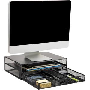 Mind Reader Back to School All in One Bundle for College and Office Monitor Stand with 25 Pc. Supplies included, Storage, Metal, 15.75″L x 11.75″W x 4.5″H, Black(Black)