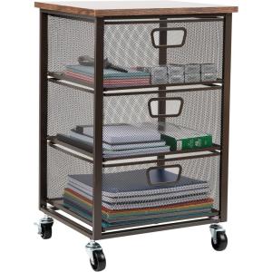 Mind Reader Cart with Covered Compartment, Office Organizer, Storage, 3-Tier, Office, Metal, 20″ L x 14.25″ W x 28.75″ H, Black(3-Drawers with Wood Top)