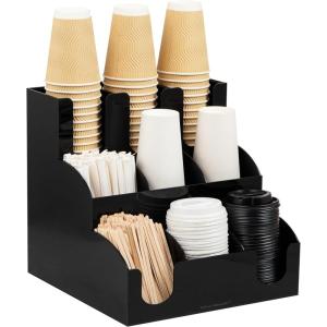 Mind Reader Cup and Condiment Station, Countertop Organizer, Coffee Bar, Kitchen, 12.25″L x 12.25″W x 11.75″H, Black