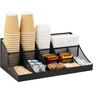 Mind Reader Cup and Condiment Station, Countertop Organizer, Coffee Bar, Kitchen, Stirrers, 17.875″L x 9.5″W x 6.625″H, Black(Black Metal)