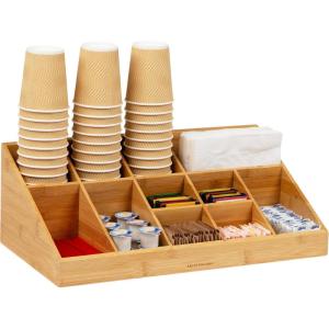 Mind Reader Cup and Condiment Station, Countertop Organizer, Coffee Bar, Kitchen, Stirrers, 17.875″L x 9.5″W x 6.625″H, Black(Brown)