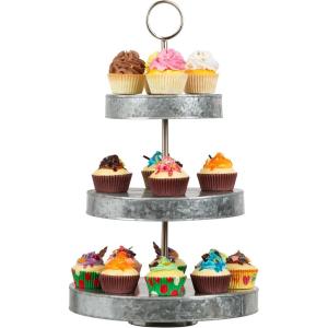 Mind Reader Cupcake Stand, Tiered, Dessert Table Display, Kitchen Tower, Galvanized Metal, 12″L x 12″W x 21″H, Silver