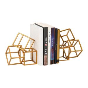 Mind Reader Decorative Geometric Cube Bookends, Modern Book Holders, Office Decor, Metal, Set of 2, Gold